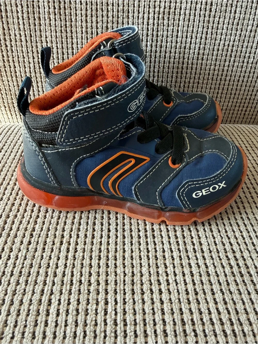 Geox Kids Navy and Orange High-Top Sneakers with Hook-and-Loop Strap